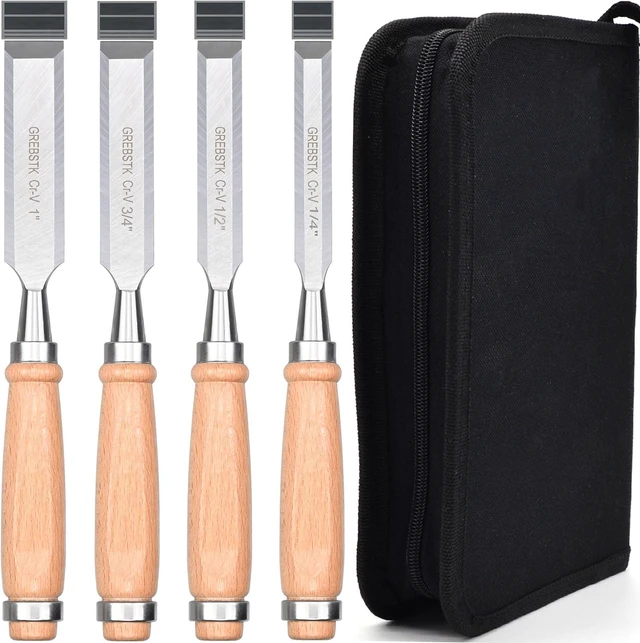 Main image of GREBSTK 9.5in Wood Chisel Set for Woodworking, 4pcs Chrome Vanadium Steel Bevel-Edge Bench Chisels with Cap, Comfortable Beech High Impact Handle, with Canvas Bag