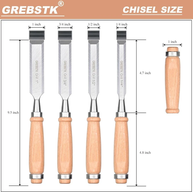 Alt view image 2 of 7 - GREBSTK 9.5in Wood Chisel Set for Woodworking, 4pcs Chrome Vanadium Steel Bevel-Edge Bench Chisels with Cap, Comfortable Beech High Impact Handle, with Canvas Bag
