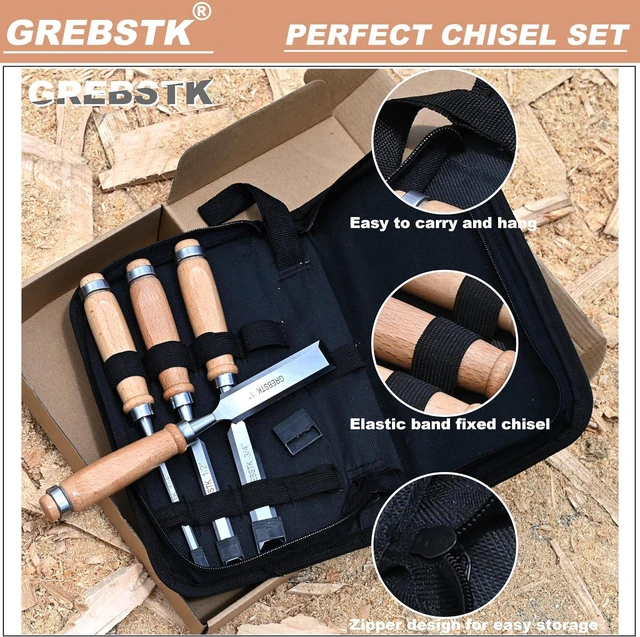 Alt view image 4 of 7 - GREBSTK 9.5in Wood Chisel Set for Woodworking, 4pcs Chrome Vanadium Steel Bevel-Edge Bench Chisels with Cap, Comfortable Beech High Impact Handle, with Canvas Bag
