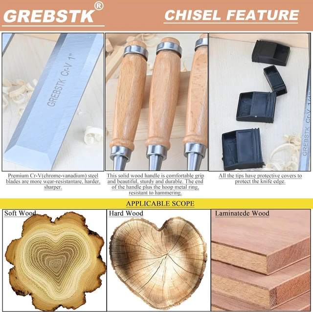 Alt view image 3 of 7 - GREBSTK 9.5in Wood Chisel Set for Woodworking, 4pcs Chrome Vanadium Steel Bevel-Edge Bench Chisels with Cap, Comfortable Beech High Impact Handle, with Canvas Bag