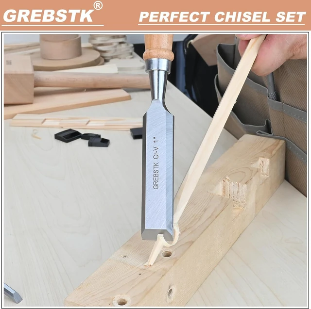 Alt view image 5 of 7 - GREBSTK 9.5in Wood Chisel Set for Woodworking, 4pcs Chrome Vanadium Steel Bevel-Edge Bench Chisels with Cap, Comfortable Beech High Impact Handle, with Canvas Bag
