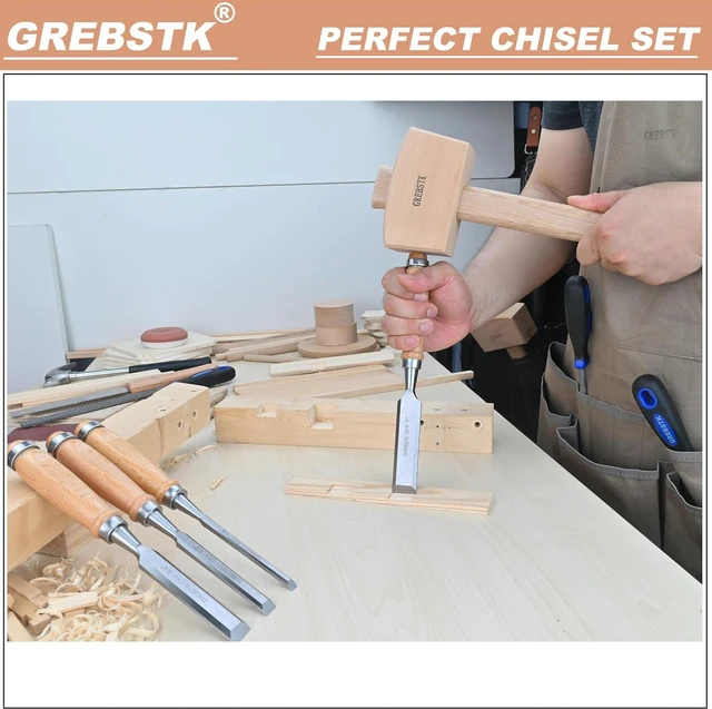 Alt view image 6 of 7 - GREBSTK 9.5in Wood Chisel Set for Woodworking, 4pcs Chrome Vanadium Steel Bevel-Edge Bench Chisels with Cap, Comfortable Beech High Impact Handle, with Canvas Bag