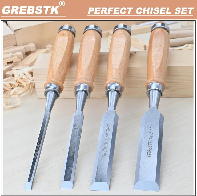 Alt view image 7 of 7 - GREBSTK 9.5in Wood Chisel Set for Woodworking, 4pcs Chrome Vanadium Steel Bevel-Edge Bench Chisels with Cap, Comfortable Beech High Impact Handle, with Canvas Bag