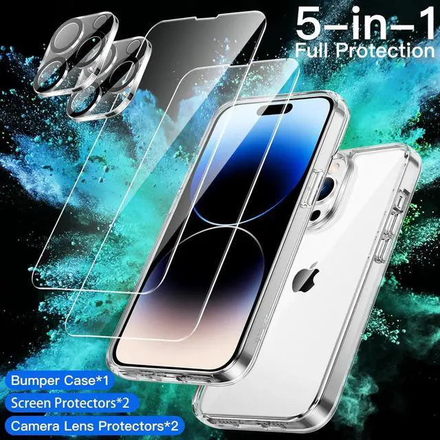 Alt view image 2 of 7 - JETech 5 in 1 Case for iPhone 14 Pro Max 6.7-Inch, with 2-Pack Screen Protector and Camera Lens Protector, Non-Yellowing Shockproof Bumper Phone Cover, Full Coverage Tempered Glass Film (Clear)