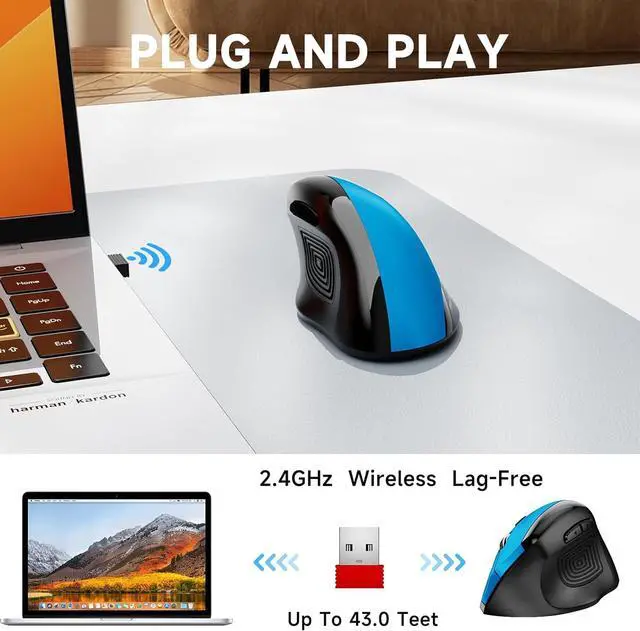 Alt view image 4 of 7 - Ergonomic Mouse Wireless 2.4G Optical Cordless Mice with 800/1200/1600 DPI Vertical Computer Wireless Mouse for Laptop Mac PC Desktop (for Right Hand Large) Blue Mouse