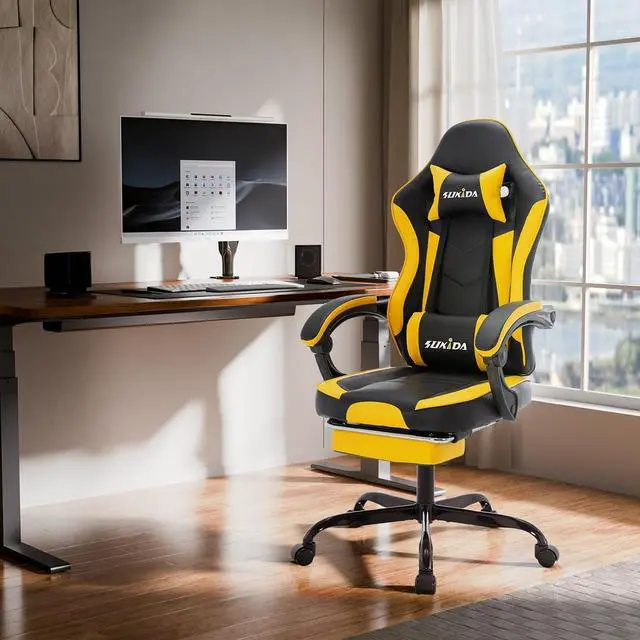 Alt view image 2 of 7 - SUKIDA Gamers Choice Gaming Chair - Gaming Chairs for Adults 300lbs, Ergonomic Gamer Gamingchair with Footrest Cool Pc Computer Comfy Leather Swivel Recliner Adjustable Backrest Massage Lumbar Yellow