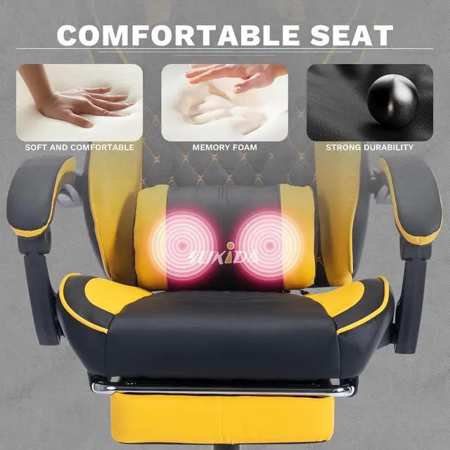 Alt view image 4 of 7 - SUKIDA Yellow Gaming Chair Massage - Gamer Chair Adult Gamers Choice Size Cool Big People, PC Video Game Ergonomic Gamingchair with Footrest, Racing Office Computer Reclining Comfortable Recliner