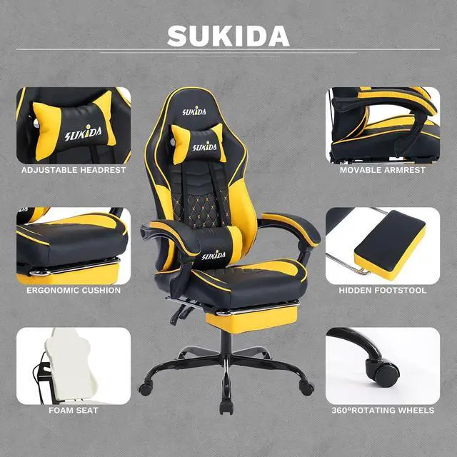 Alt view image 5 of 7 - SUKIDA Yellow Gaming Chair Massage - Gamer Chair Adult Gamers Choice Size Cool Big People, PC Video Game Ergonomic Gamingchair with Footrest, Racing Office Computer Reclining Comfortable Recliner