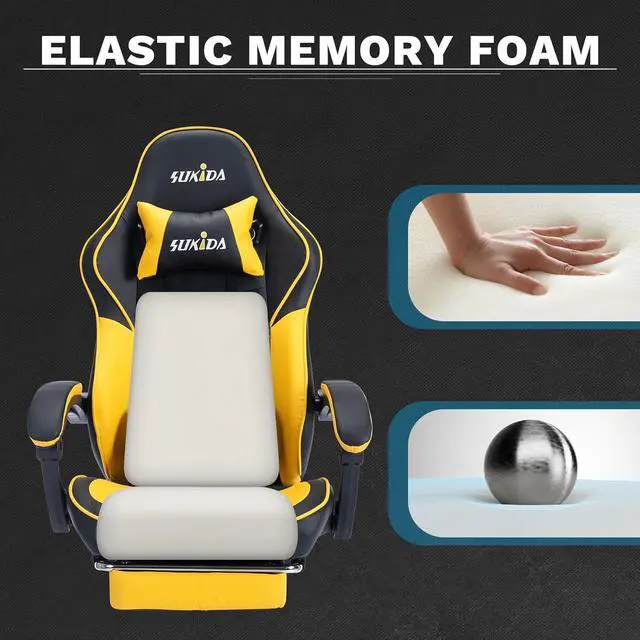 Alt view image 6 of 7 - SUKIDA Yellow Gaming Chair Massage - Gamer Chair Adult Gamers Choice Size Cool Big People, PC Video Game Ergonomic Gamingchair with Footrest, Racing Office Computer Reclining Comfortable Recliner