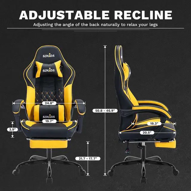Alt view image 7 of 7 - SUKIDA Yellow Gaming Chair Massage - Gamer Chair Adult Gamers Choice Size Cool Big People, PC Video Game Ergonomic Gamingchair with Footrest, Racing Office Computer Reclining Comfortable Recliner
