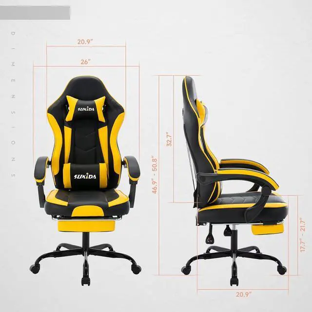 Alt view image 3 of 7 - SUKIDA Gamers Choice Gaming Chair - Gaming Chairs for Adults 300lbs, Ergonomic Gamer Gamingchair with Footrest Cool Pc Computer Comfy Leather Swivel Recliner Adjustable Backrest Massage Lumbar Yellow