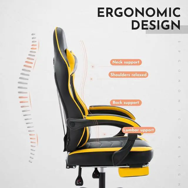 Alt view image 4 of 7 - SUKIDA Gamers Choice Gaming Chair - Gaming Chairs for Adults 300lbs, Ergonomic Gamer Gamingchair with Footrest Cool Pc Computer Comfy Leather Swivel Recliner Adjustable Backrest Massage Lumbar Yellow