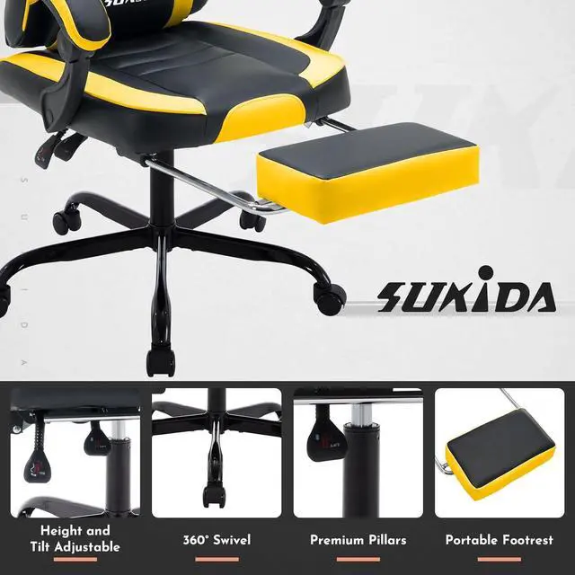 Alt view image 6 of 7 - SUKIDA Gamers Choice Gaming Chair - Gaming Chairs for Adults 300lbs, Ergonomic Gamer Gamingchair with Footrest Cool Pc Computer Comfy Leather Swivel Recliner Adjustable Backrest Massage Lumbar Yellow