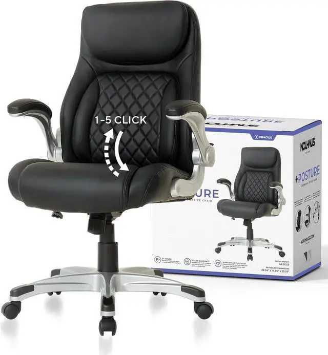 Main image of Nouhaus +Posture Ergonomic PU Leather Office Chair. Click5 Lumbar Support with FlipAdjust Armrests. Modern Executive Chair and Computer Desk Chair (Black)