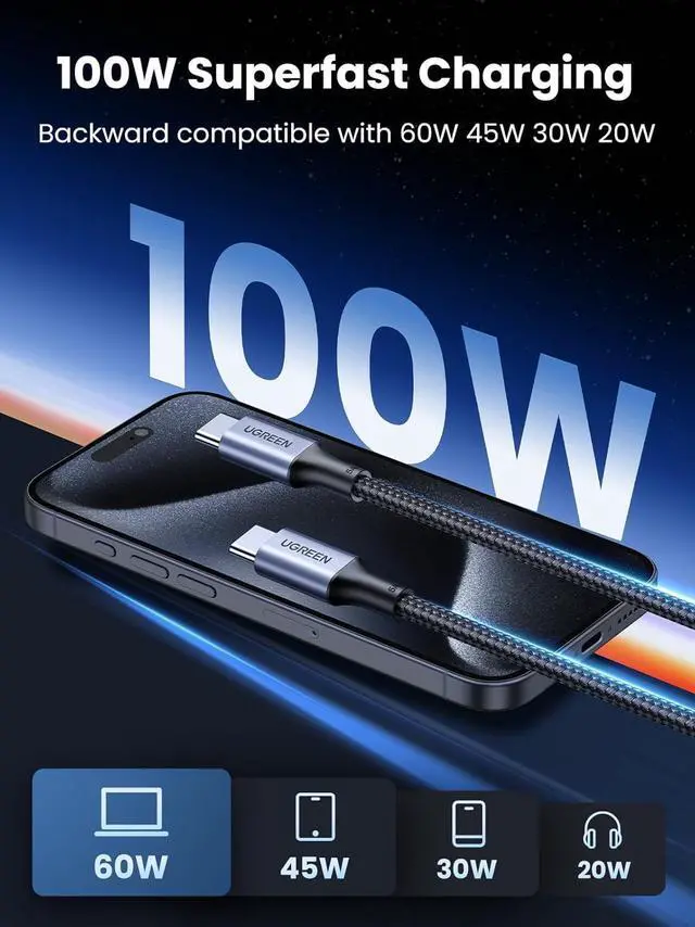 Alt view image 4 of 7 - UGREEN USB C Cable 100W, USB C to USB C Cable PD Type C Fast Charging Cord Compatible with iPhone 15, Galaxy S24 Ultra, MacBook Pro Air, iPad Pro Mini 6, Dell XPS 17 15, PS5 Controller, 6 Feet