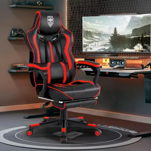 Alt view image 2 of 7 - Vonesse Gaming Chair with Footrest Gaming Computer Chair with Massage Recliner Computer Chair High Back Gaming Reclining Chair Racing Gamer Chair Big and Tall Gaming Chairs for Adults (Red/Black