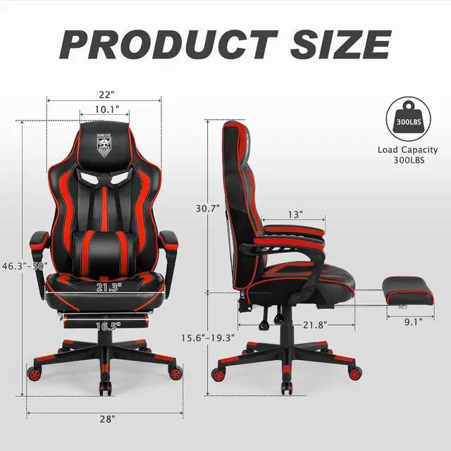 Alt view image 3 of 7 - Vonesse Gaming Chair with Footrest Gaming Computer Chair with Massage Recliner Computer Chair High Back Gaming Reclining Chair Racing Gamer Chair Big and Tall Gaming Chairs for Adults (Red/Black