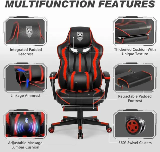 Alt view image 4 of 7 - Vonesse Gaming Chair with Footrest Gaming Computer Chair with Massage Recliner Computer Chair High Back Gaming Reclining Chair Racing Gamer Chair Big and Tall Gaming Chairs for Adults (Red/Black