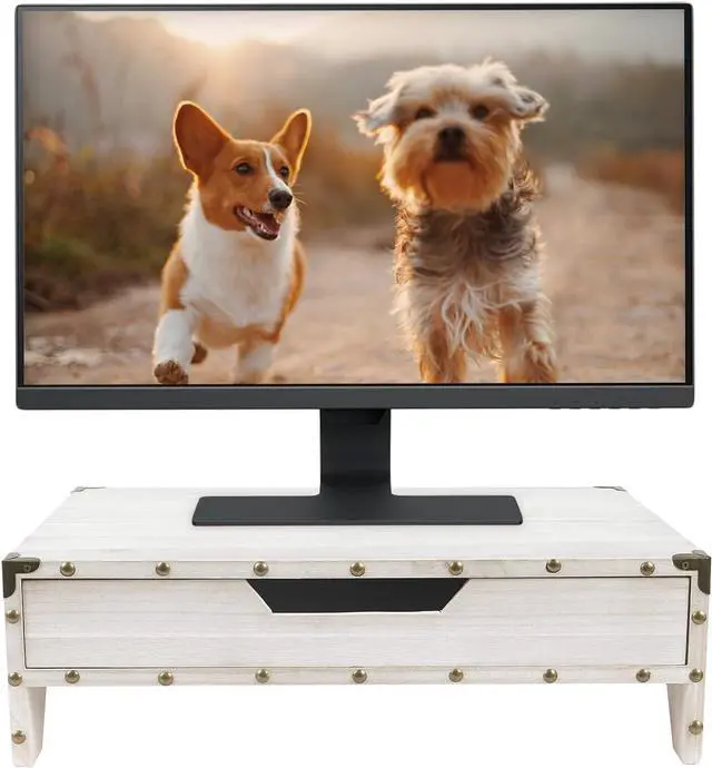 Main image of Ikee Design Wooden 2 Tier Monitor Stand with Drawer,Wood Desktop Stands for Laptop ,TV, Computer Riser,Wooden Clutter-Free Desk Storage Organizer,16 1/2 W x 10 1/4 D x 5 1/8 H in, White