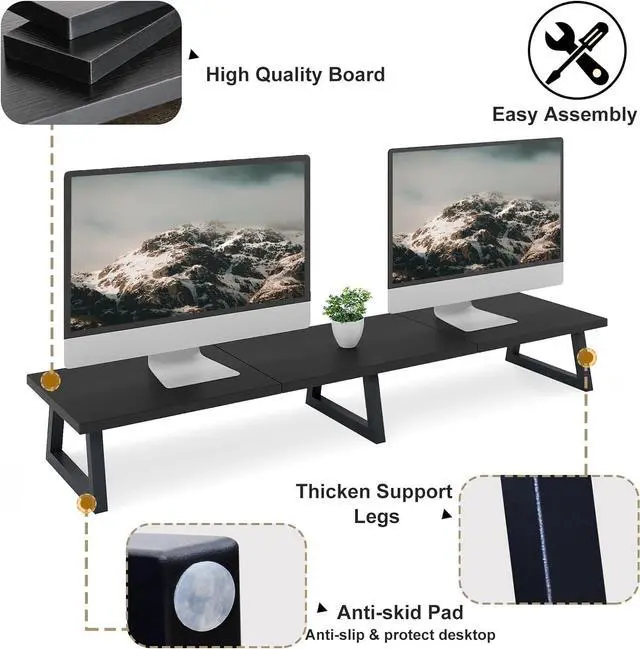 Alt view image 4 of 6 - TEAMIX Black 42 inch Dual Monitor Riser,Wood and Steel Long Monitor Stand for 2 Monitors with Storage Large TV Riser Computer Laptop Stand for Desk Office Organization