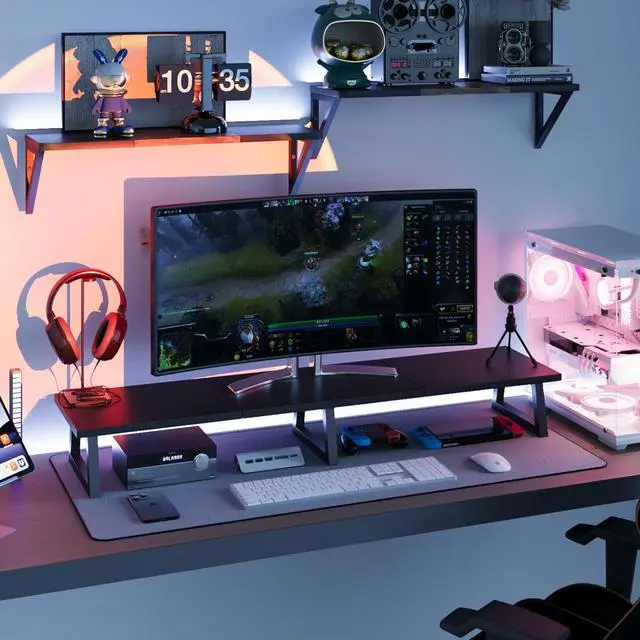 Alt view image 6 of 6 - TEAMIX Black 42 inch Dual Monitor Riser,Wood and Steel Long Monitor Stand for 2 Monitors with Storage Large TV Riser Computer Laptop Stand for Desk Office Organization