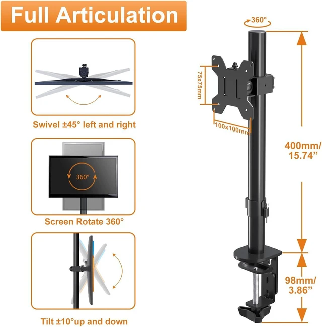 Alt view image 3 of 7 - Bracwiser Single Fully Adjustable Monitor Arm Stand Mount Fits One Screen 13-32 inch 22lbs for Monitor Computer Screen 13 15 17 19 20 22 23 24 26 27 30 32 inch VESA 75 100 (MD7401)