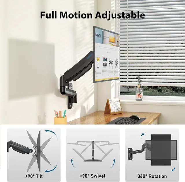 Alt view image 3 of 7 - BONTEC Monitor Wall Mount Arm, VESA Gas Spring Height Adjustable, for 13-42 Inch Screens, Max 19.8lbs, Swivel, Tilt, Space-Saving Desk Mount, Easy Installation, Single Arm TV Mount, Max VESA 200x200