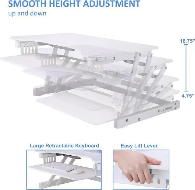 Alt view image 2 of 6 - Rocelco 32" Height Adjustable Standing Desk Converter - Quick Sit Stand Up Dual Monitor Riser - Gas Spring Assist Tabletop Computer Workstation - Large Retractable Keyboard Tray - White (R ADRW)