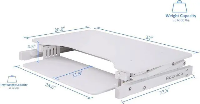 Alt view image 3 of 6 - Rocelco 32" Height Adjustable Standing Desk Converter - Quick Sit Stand Up Dual Monitor Riser - Gas Spring Assist Tabletop Computer Workstation - Large Retractable Keyboard Tray - White (R ADRW)