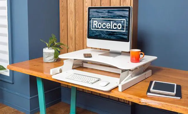 Alt view image 6 of 6 - Rocelco 32" Height Adjustable Standing Desk Converter - Quick Sit Stand Up Dual Monitor Riser - Gas Spring Assist Tabletop Computer Workstation - Large Retractable Keyboard Tray - White (R ADRW)