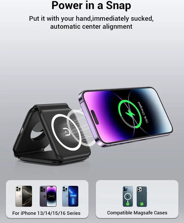 Alt view image 5 of 7 - Wireless Charger, Magnetic Foldable 3 in 1 Mag-Safe Charger, Fast Travel Wireless Charging Station for iPhone 16/15/14/13/12/ Series,for iWatch,for AirPods (Adapter Included)
