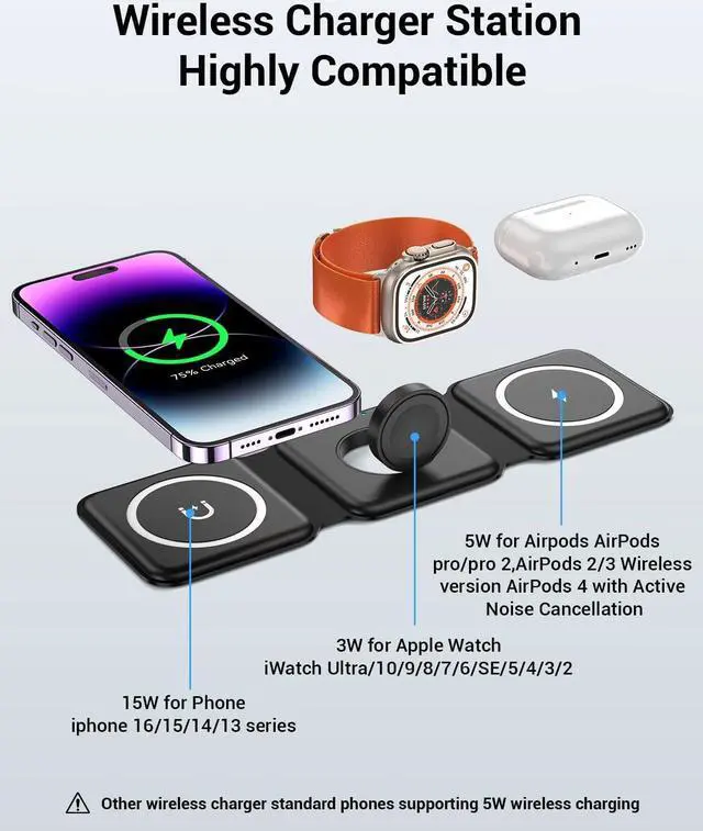 Alt view image 6 of 7 - Wireless Charger, Magnetic Foldable 3 in 1 Mag-Safe Charger, Fast Travel Wireless Charging Station for iPhone 16/15/14/13/12/ Series,for iWatch,for AirPods (Adapter Included)