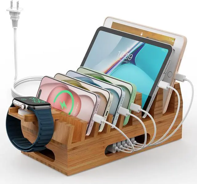 Main image of Bamboo Charging Station Holder with 5 Port USB Charger, 5 x Charge Cables, Watch Stand, Wood Docking Stand Electronic Organizer for Multiple Devices, Phones, Tablets and More