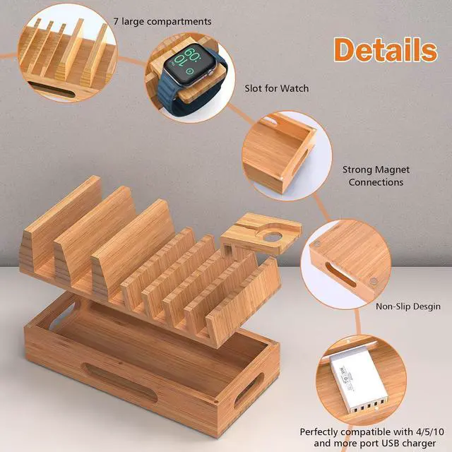 Alt view image 4 of 7 - Bamboo Charging Station Holder with 5 Port USB Charger, 5 x Charge Cables, Watch Stand, Wood Docking Stand Electronic Organizer for Multiple Devices, Phones, Tablets and More