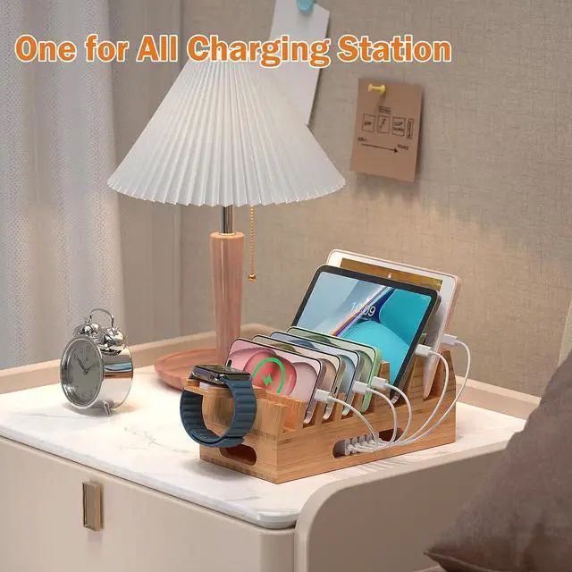 Alt view image 6 of 7 - Bamboo Charging Station Holder with 5 Port USB Charger, 5 x Charge Cables, Watch Stand, Wood Docking Stand Electronic Organizer for Multiple Devices, Phones, Tablets and More