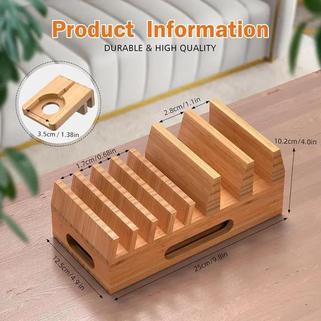 Alt view image 7 of 7 - Bamboo Charging Station Holder with 5 Port USB Charger, 5 x Charge Cables, Watch Stand, Wood Docking Stand Electronic Organizer for Multiple Devices, Phones, Tablets and More