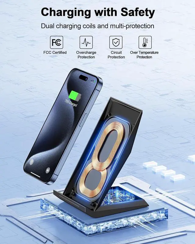 Alt view image 4 of 7 - Fast Wireless Charger with USB Phone Charger Qi Certified Charging Stand with 20W PD Adapter for iPhone 17/17 Pro/17 Pro Max/16/16 Plus/15/14/13/12 10W for  Galaxy S25/S24/S23/S22/S21
