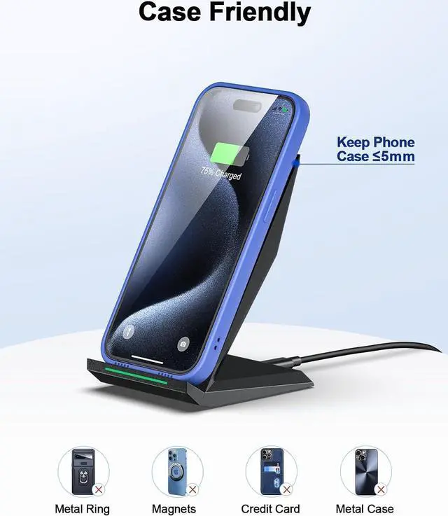 Alt view image 5 of 6 - Fast Wireless Charger 15W Qi Certified Wireless Charging Stand Compatible iPhone 17/17 Air/16/15/15 Pro/15 Plus/15 Pro Max/14/13/12 for  Galaxy S25/S24/S23/S22/S21 and Qi-Enabled Phone