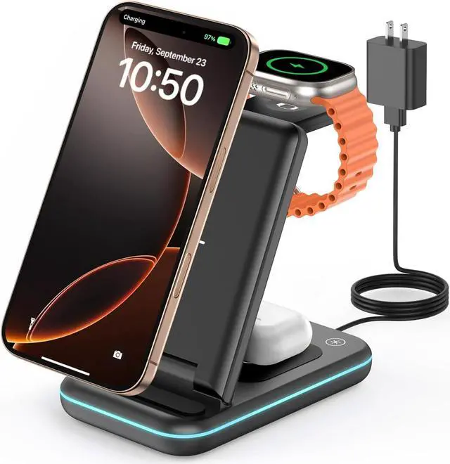 Main image of GEEKERA Wireless Charging Stand, 3 in 1 Wireless Charger Dock Station for Apple Watch 8 7 6 SE 5 4 3 2, iPhone 16 15 14 13 12 11 Pro Max Plus X/8