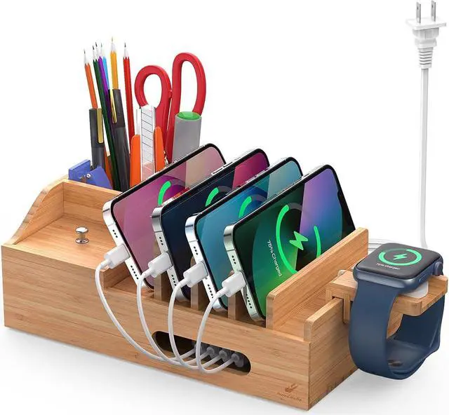 Main image of Pezin & Hulin Desktop Charger Station, Charging Dock Organizer for Multi Devices, with Wire Cables and Charger HUB 5 Ports, Compatible with Phones, Tablets and Smartwatch