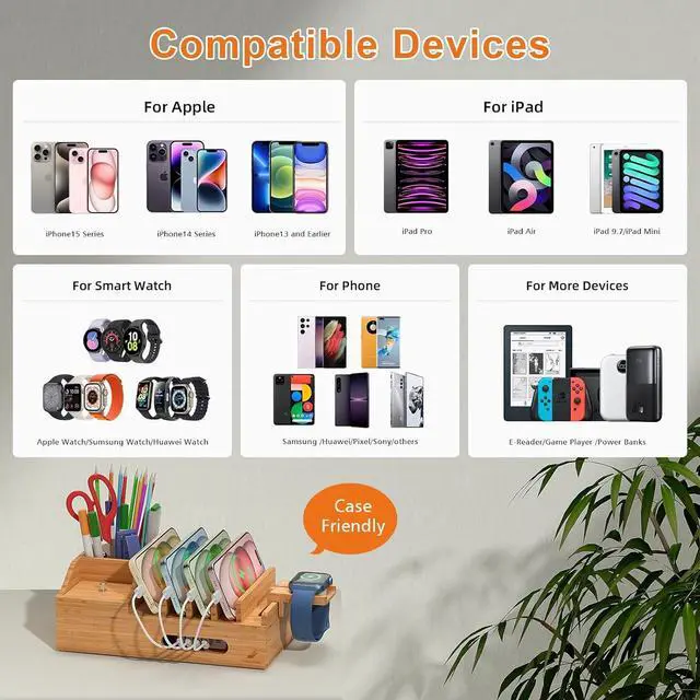 Alt view image 4 of 7 - Pezin & Hulin Desktop Charger Station, Charging Dock Organizer for Multi Devices, with Wire Cables and Charger HUB 5 Ports, Compatible with Phones, Tablets and Smartwatch