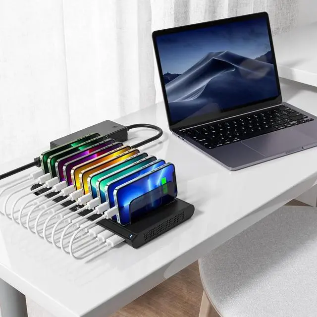 Alt view image 7 of 7 - USB Charging Station, Fast 120W 10 Port Phone Tablet Charging Station for Multiple Devices with Type C/2 QC 3.0 Port for iPad/iPhone/Galaxy/Kindle/Fire, Devices Organizer, UL Certified, Black
