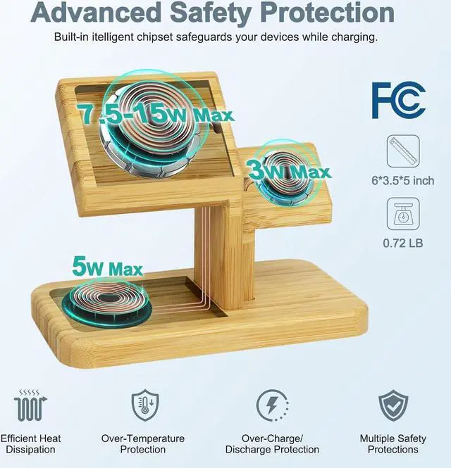 Alt view image 3 of 7 - 3 in 1 Wireless Charging Station for Apple Devices, Fast 20W Wireless Charger Stand Dock, Magnetic Bamboo Charging Station for iPhone 12-15 Pro/Max/Plus, for iWatch 8/7/6/5/4/3/SE, for AirpodsPro/3/2