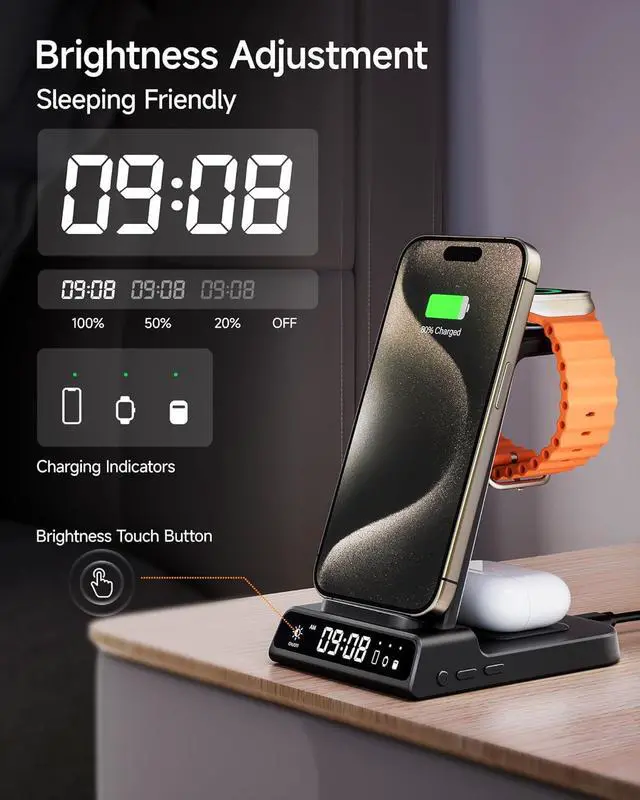 Alt view image 4 of 7 - Wireless Charger for iPhone 16, 3 in 1 Charging Station for Apple Watch Watch 10/9/8/7/6/5, Ultra 2/Ultra, for iPhone 16/15/14/13/12/11/X Series, for Air Pods 4/Pro 2/3/Pro (No Adapter)