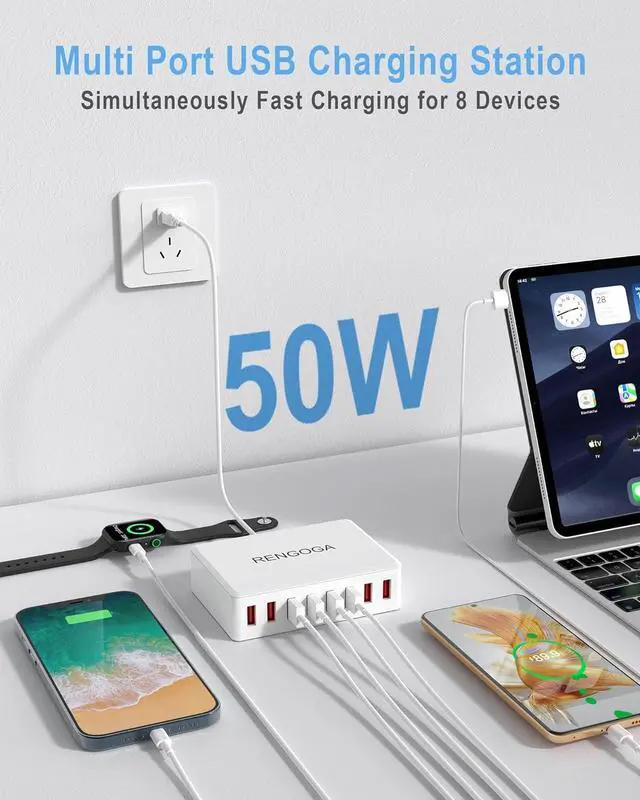 Alt view image 2 of 7 - USB Charging Station, RENGOGA 50W/10A USB Charger 8-Ports USB Charging Hub, Multi USB Charger Block for Multilple Devices, iPhone 15 14 13 Pro Max,iPad Air, Samsung Galaxy S21 S20, Tablet-White