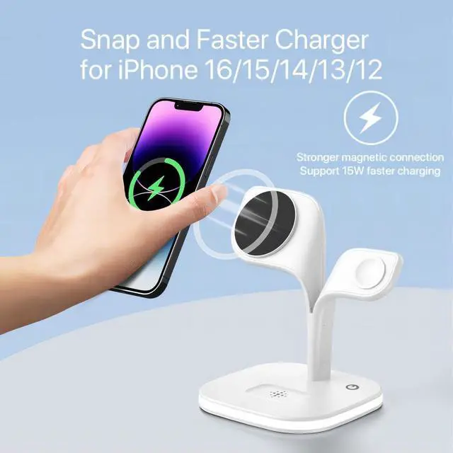 Alt view image 2 of 6 - EXW for Magsafe Charger Stand,Charging Station for Multiple Devices,Wireless Charger for iPhone 16/15/14/13/12 Series,Apple Watch Series 1-10/Ultra,AirPods Pro with LED and Adapter (White)