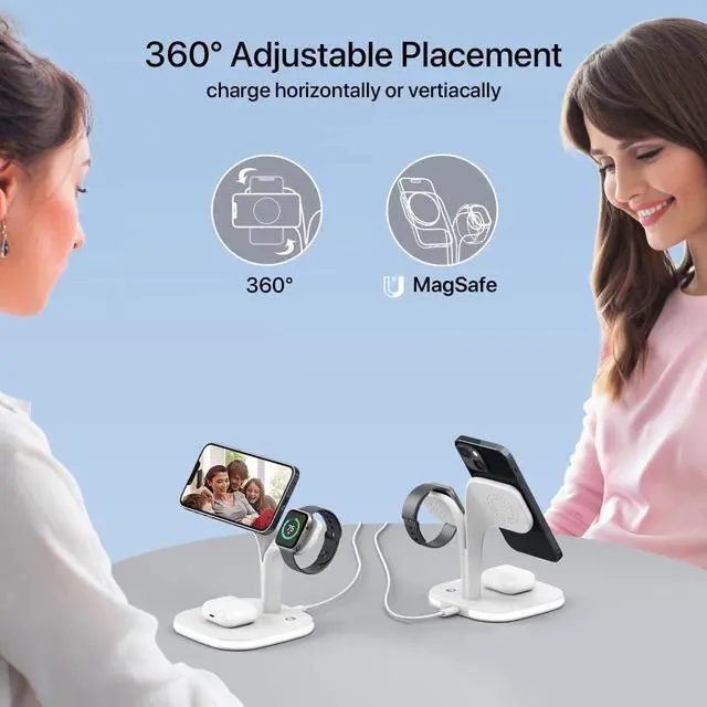 Alt view image 4 of 6 - EXW for Magsafe Charger Stand,Charging Station for Multiple Devices,Wireless Charger for iPhone 16/15/14/13/12 Series,Apple Watch Series 1-10/Ultra,AirPods Pro with LED and Adapter (White)