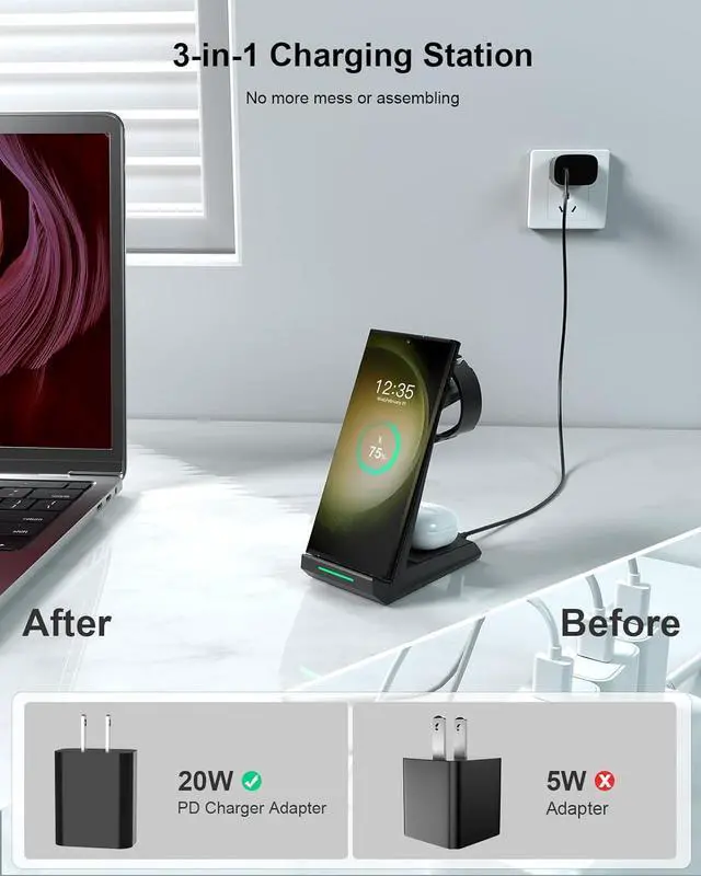 Alt view image 3 of 6 - Wireless Charger for  - 3 in 1 Charging Station for Multiple Devices Fast Charger Stand for Galaxy S25 S24 S23 Ultra S22 S21 Z Flip Fold 4 Galaxy Watch 6/5/5 Pro/4/3 Galaxy Buds 2 Pro
