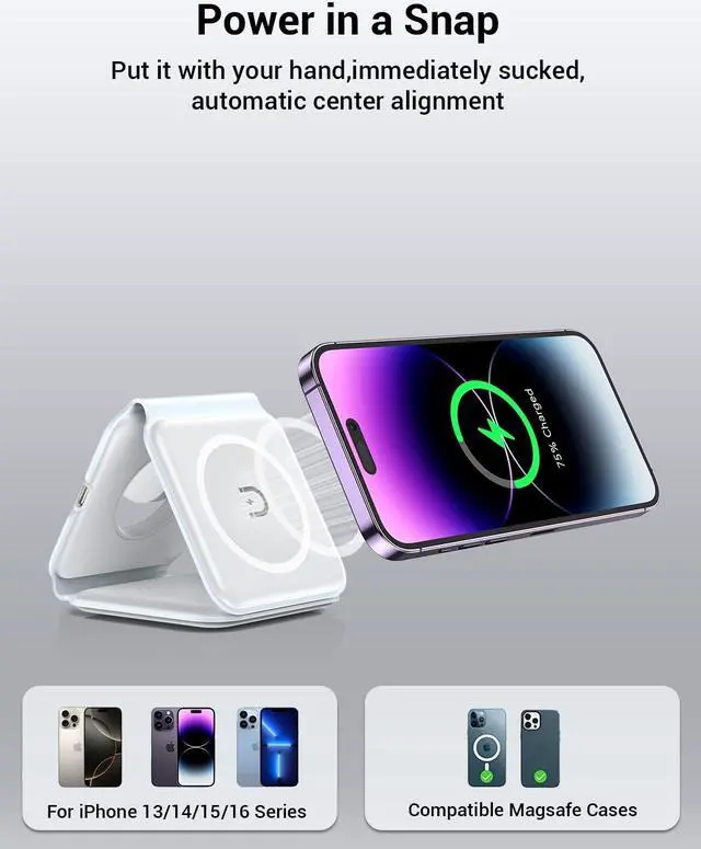 Alt view image 4 of 7 - Wireless Charger, Magnetic Foldable 3 in 1 Mag-Safe Charger, Fast Travel Wireless Charging Station for iPhone 16/15/14/13/12/ Series,for iWatch,for AirPods (Adapter Included)