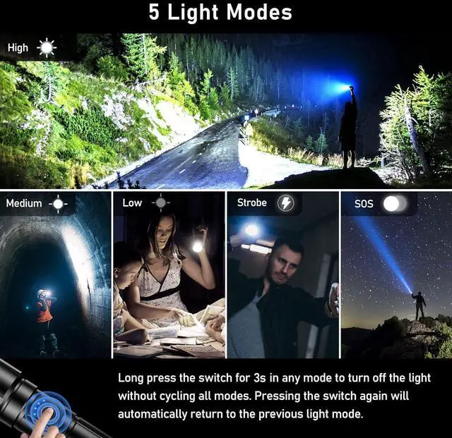 Alt view image 4 of 7 - Rechargeable Flashlight High Lumens Super Bright LED Powerful Tactical Torch - 5 Light Modes Zoomable Long Lasting Waterproof Handheld Flash Light for Emergency Camping Hiking